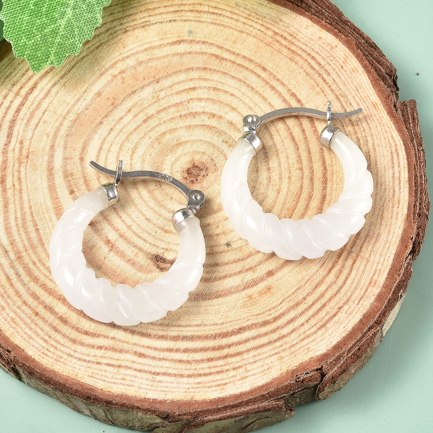 Designer Inspired - Carved White Jade Twisted Earrings (with Clasp) in Sterling Silver - White