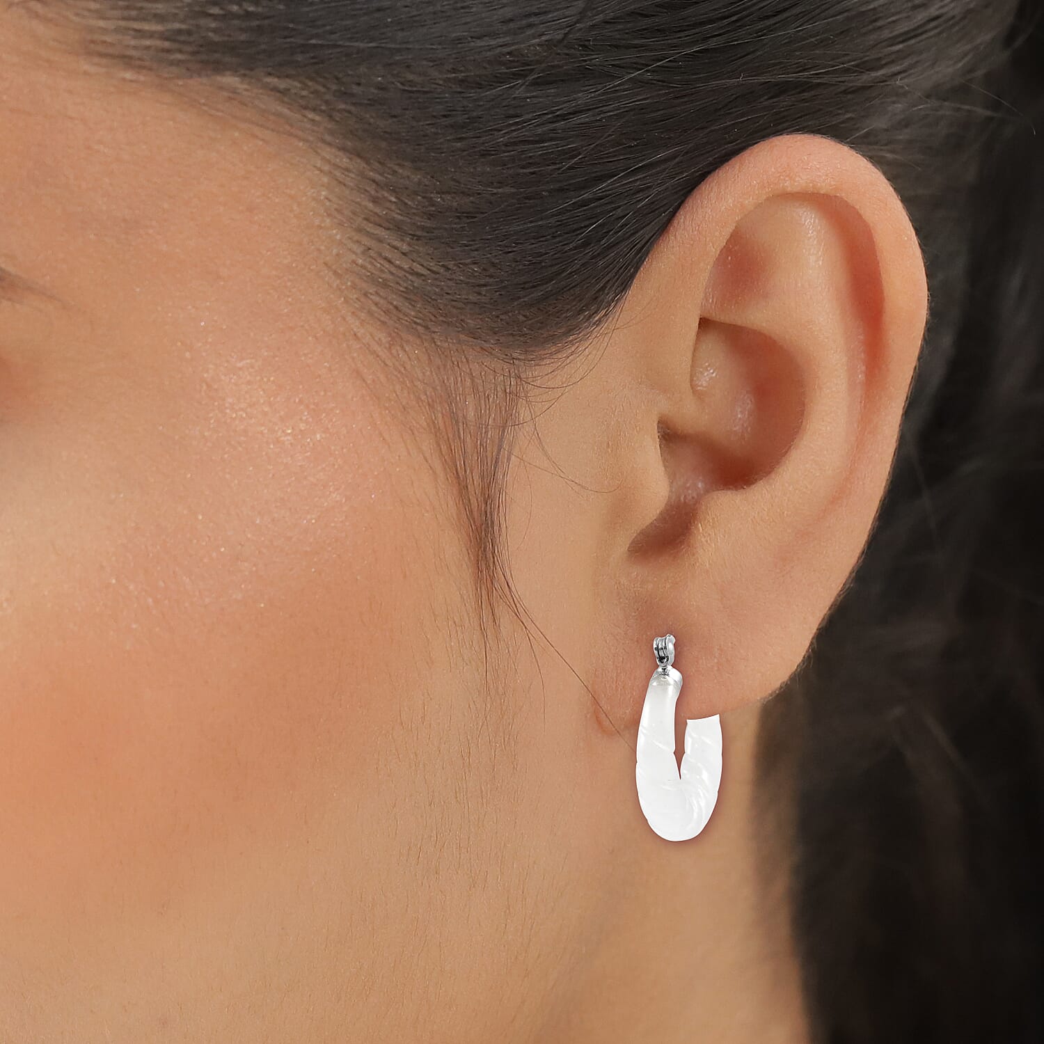 Designer Inspired - Carved White Jade Twisted Earrings (with Clasp) in Sterling Silver - White