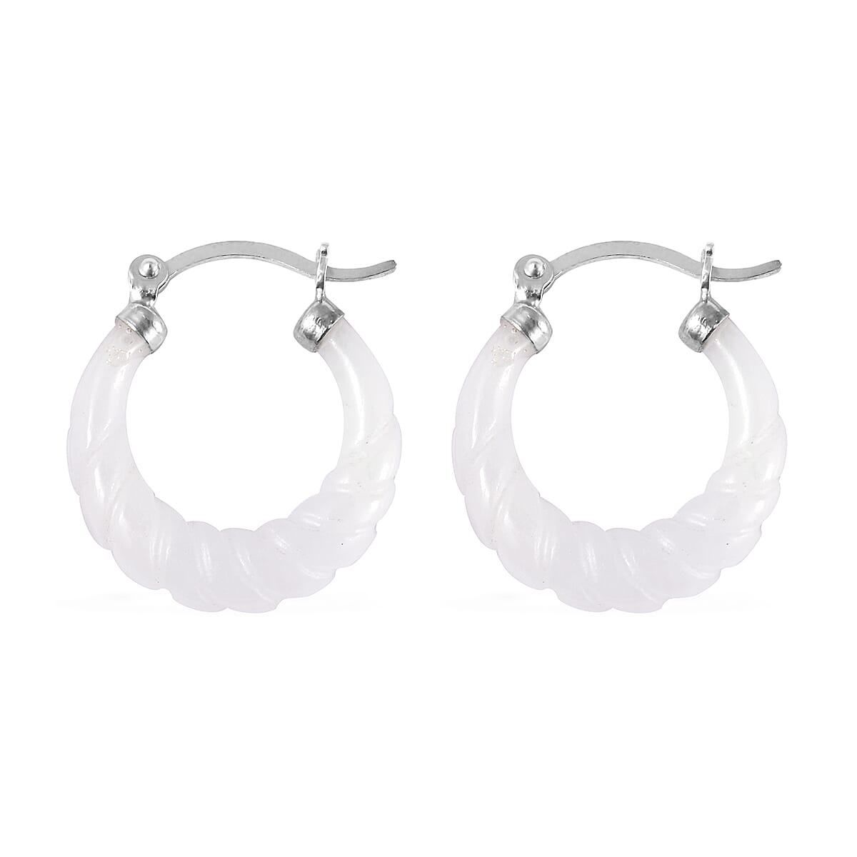 Designer Inspired - Carved White Jade Twisted Earrings (with Clasp) in Sterling Silver - White