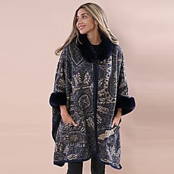 LA MAREY Cashew Flower Pattern Faux Fur Cape - Navy