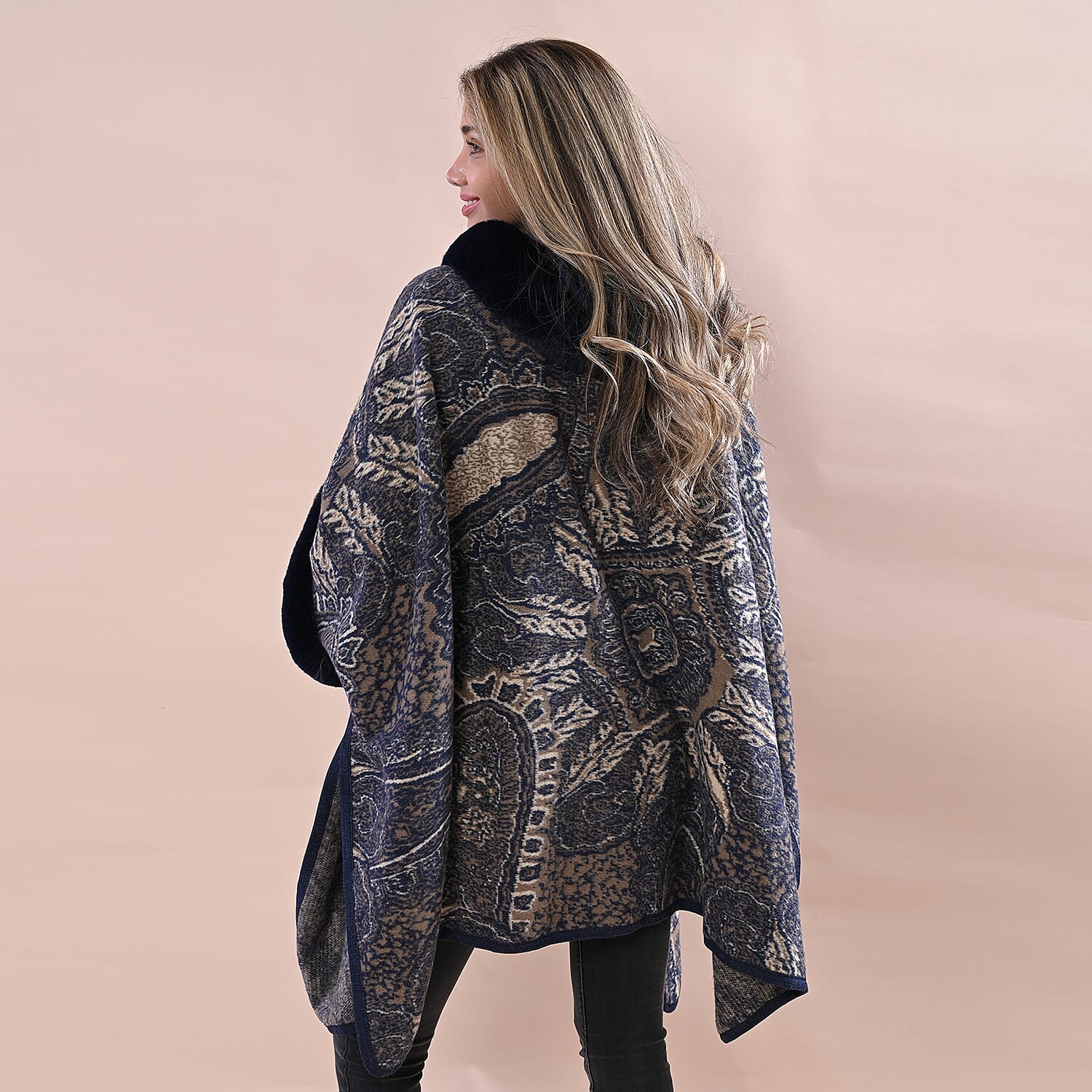 LA MAREY Cashew Flower Pattern Faux Fur Cape (Size Free; Length  75cm) - Navy
