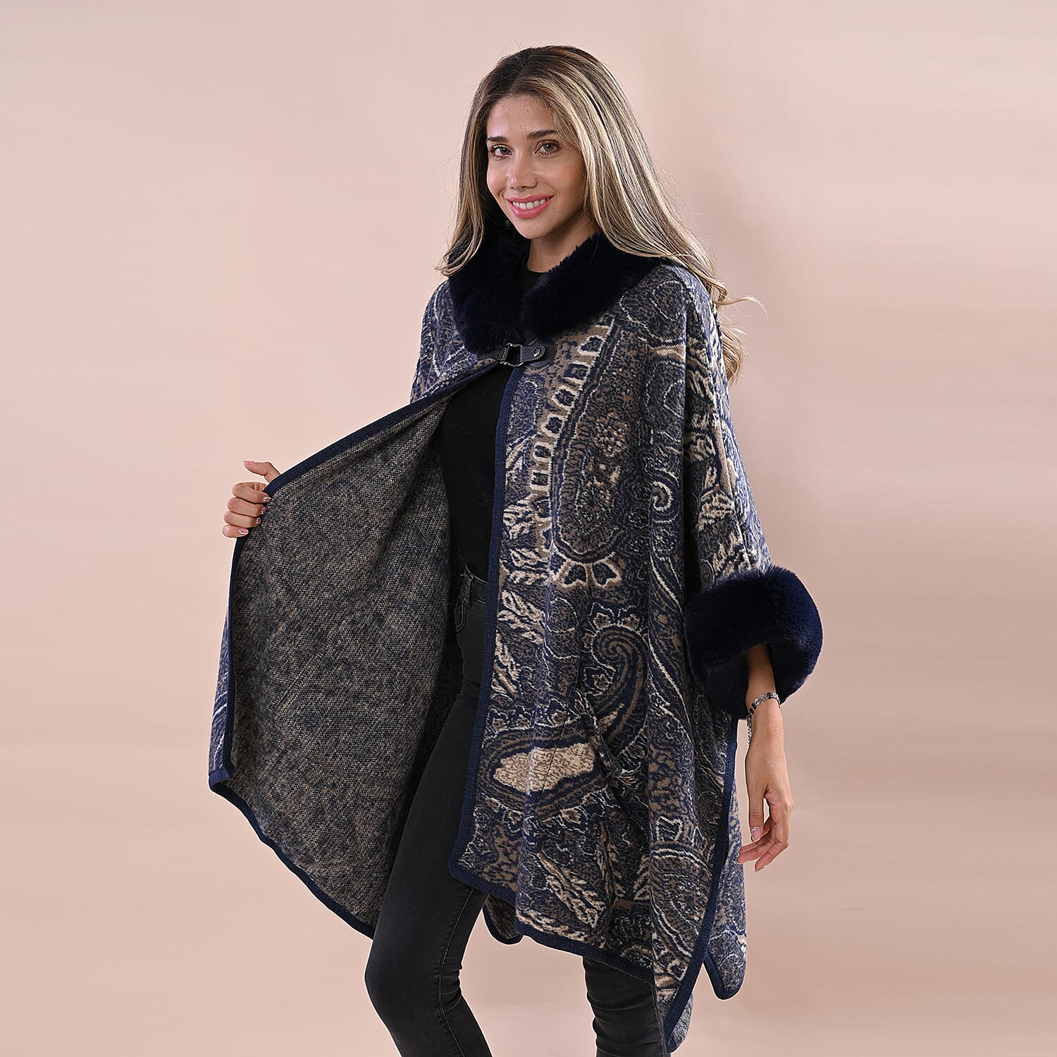 LA MAREY Cashew Flower Pattern Faux Fur Cape (Size Free; Length  75cm) - Navy