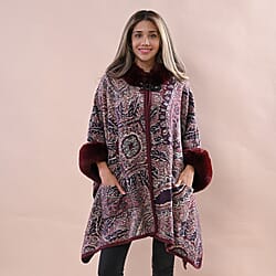 LA MAREY Cashew Flower Pattern Faux Fur Cape - Wine