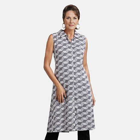 TAMSY 100% Viscose Diamond Pattern Long Length Sleeveless Top (Size-16) - Black & White