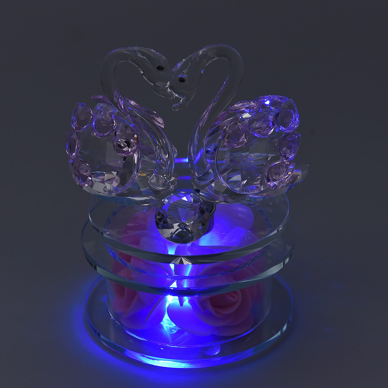 Crystal Swan LED Light with Floral Rotating Base (Size 11x9 Cm) - Pink