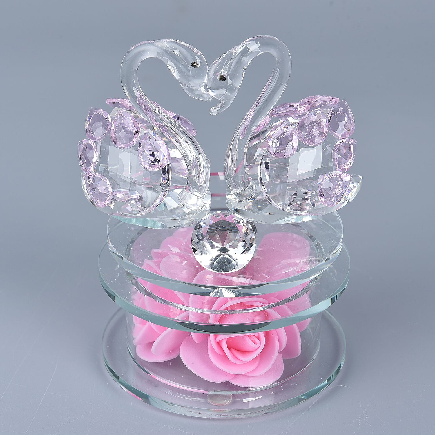 Crystal Swan LED Light with Floral Rotating Base (Size 11x9 Cm) - Pink
