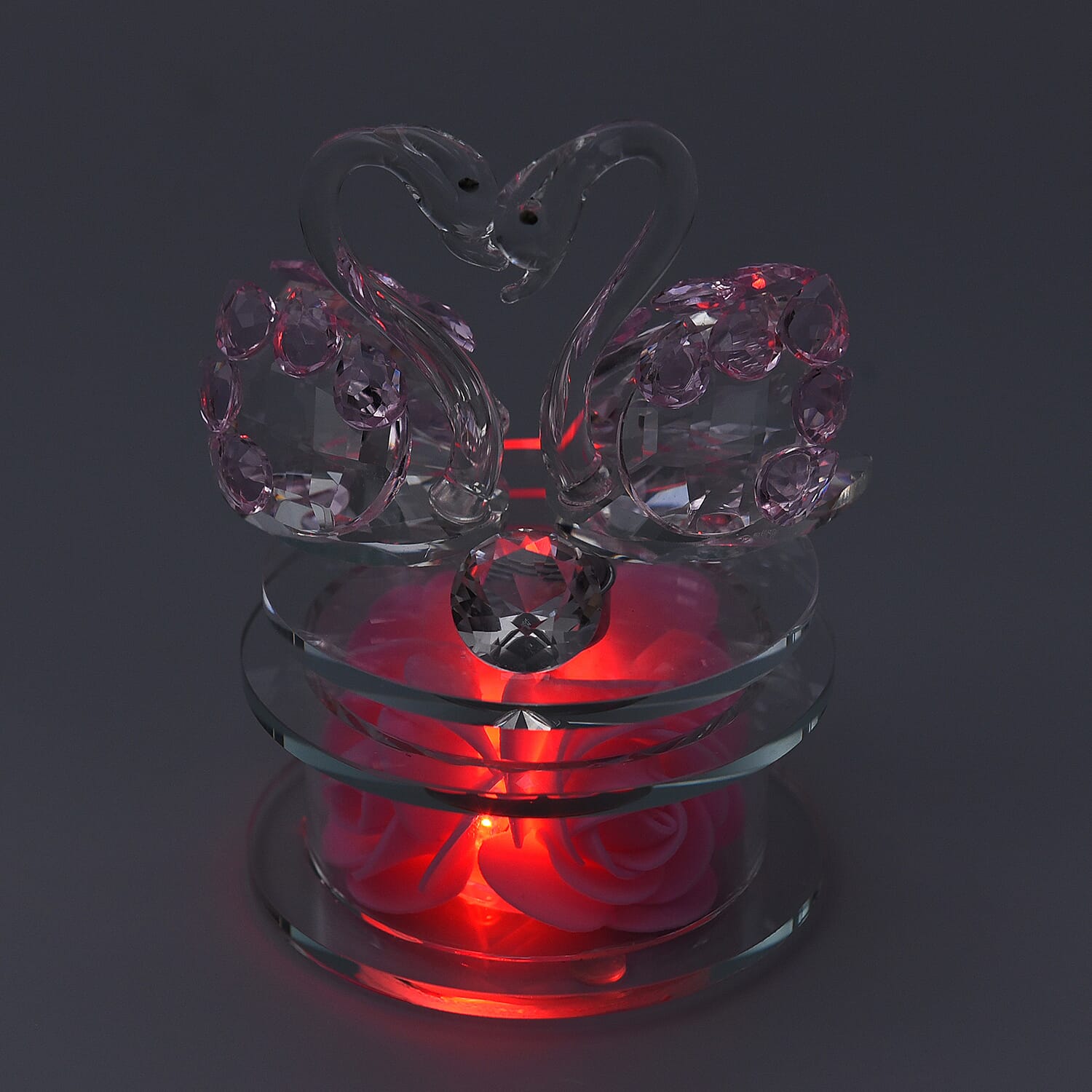 Crystal Swan LED Light with Floral Rotating Base (Size 11x9 Cm) - Pink