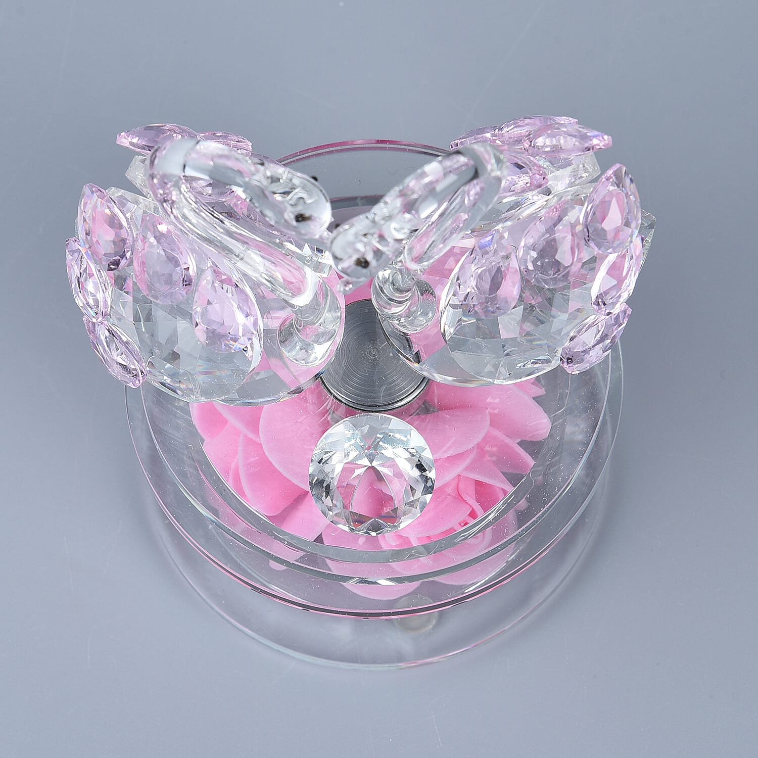 Crystal Swan LED Light with Floral Rotating Base (Size 11x9 Cm) - Pink