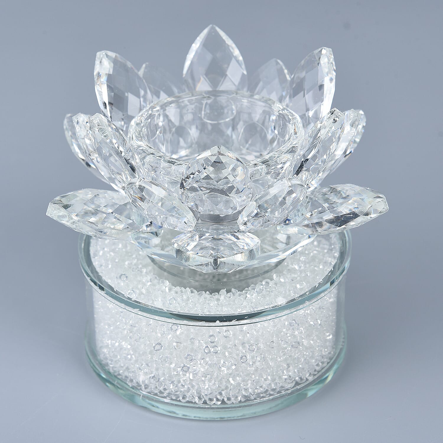 Crystal Lotus Candle Holder LED Light with White Crystal Rotating Base (Size 11x9 Cm)