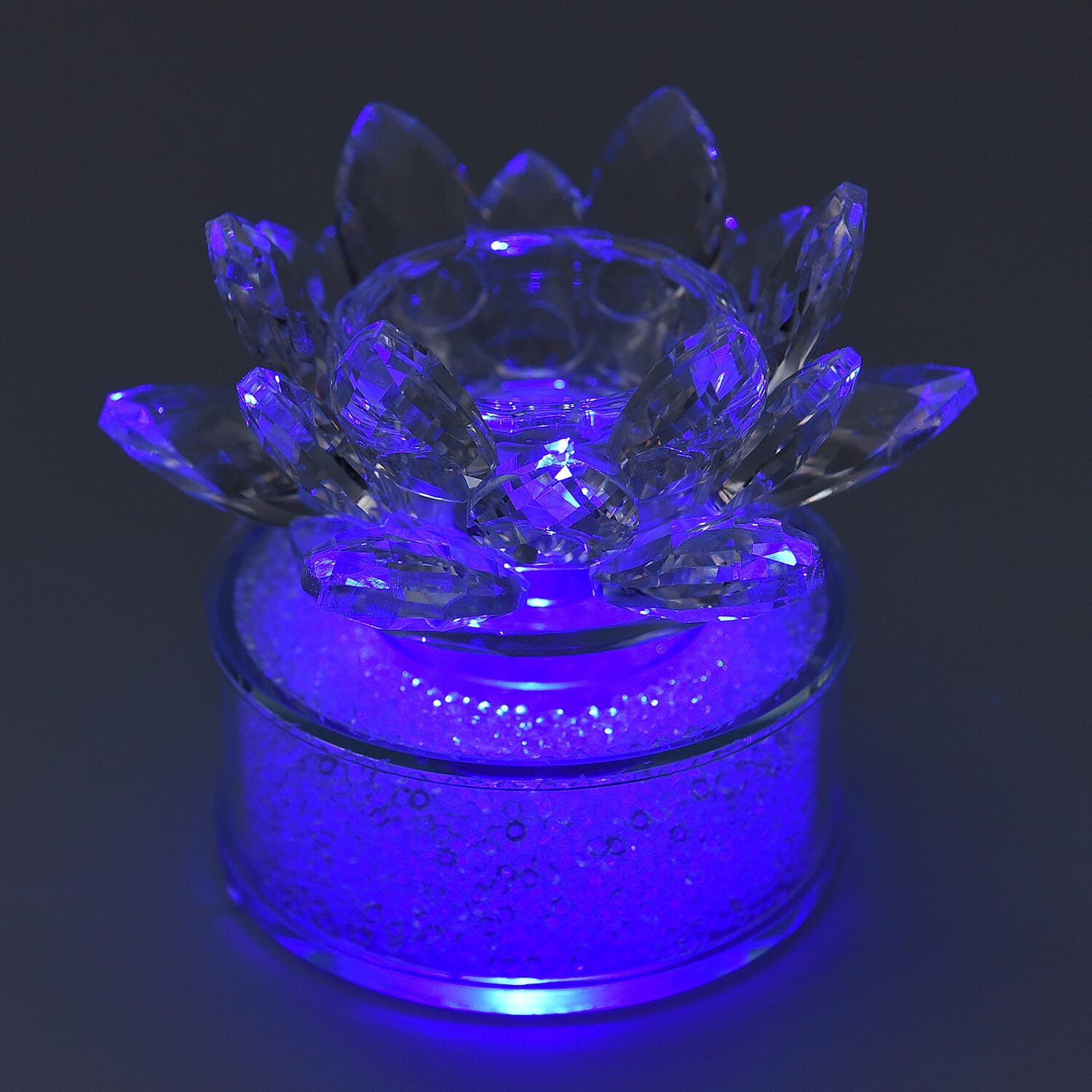 Crystal Lotus Candle Holder LED Light with White Crystal Rotating Base (Size 11x9 Cm)