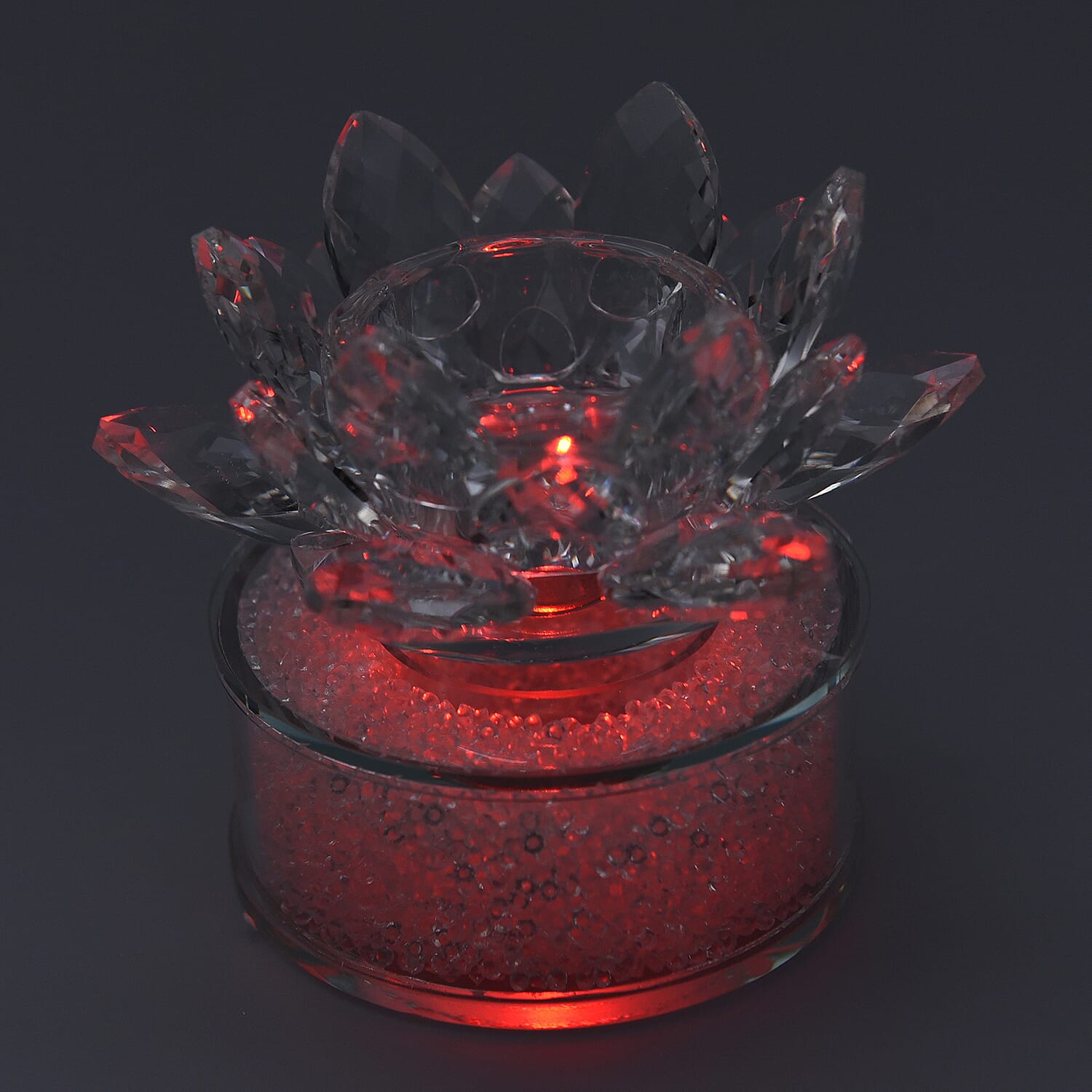 Crystal Lotus Candle Holder LED Light with White Crystal Rotating Base (Size 11x9 Cm)