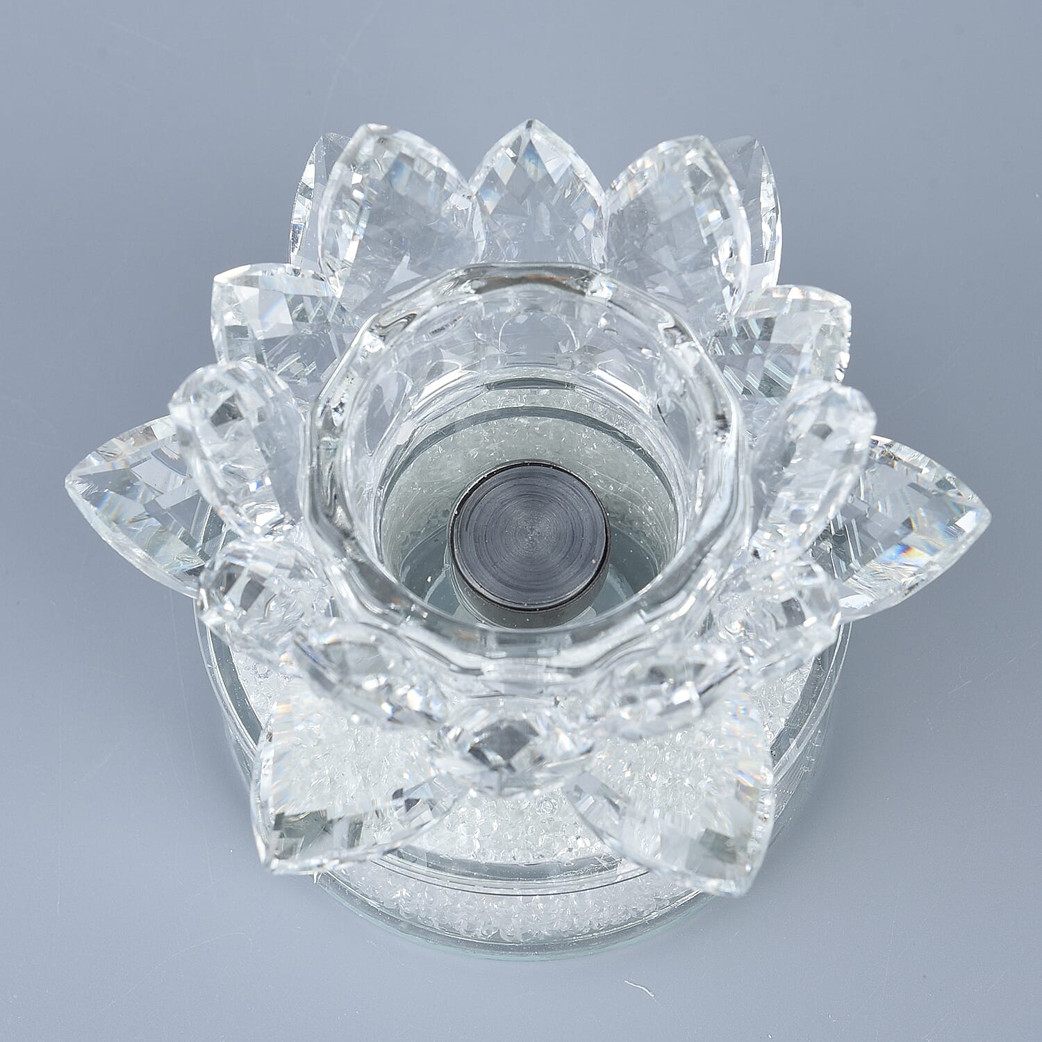 Crystal Lotus Candle Holder LED Light with White Crystal Rotating Base (Size 11x9 Cm)