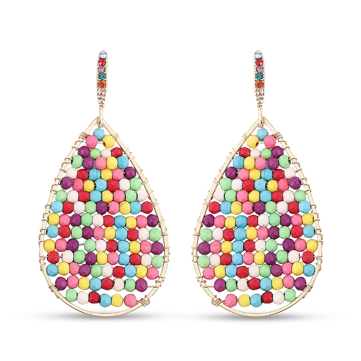 Multi Colour Howlite and Multi Colour Austrian Crystal Bead Teal Drop Dangling Hook Earrings (with Push Back) in Yellow Gold Tone