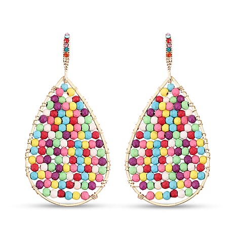 Multi Colour Howlite and Multi Colour Austrian Crystal Bead Teal Drop Dangling Hook Earrings (with Push Back) in Yellow Gold Tone