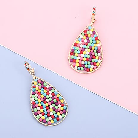 Multi Colour Howlite and Multi Colour Austrian Crystal Bead Teal Drop Dangling Hook Earrings (with Push Back) in Yellow Gold Tone