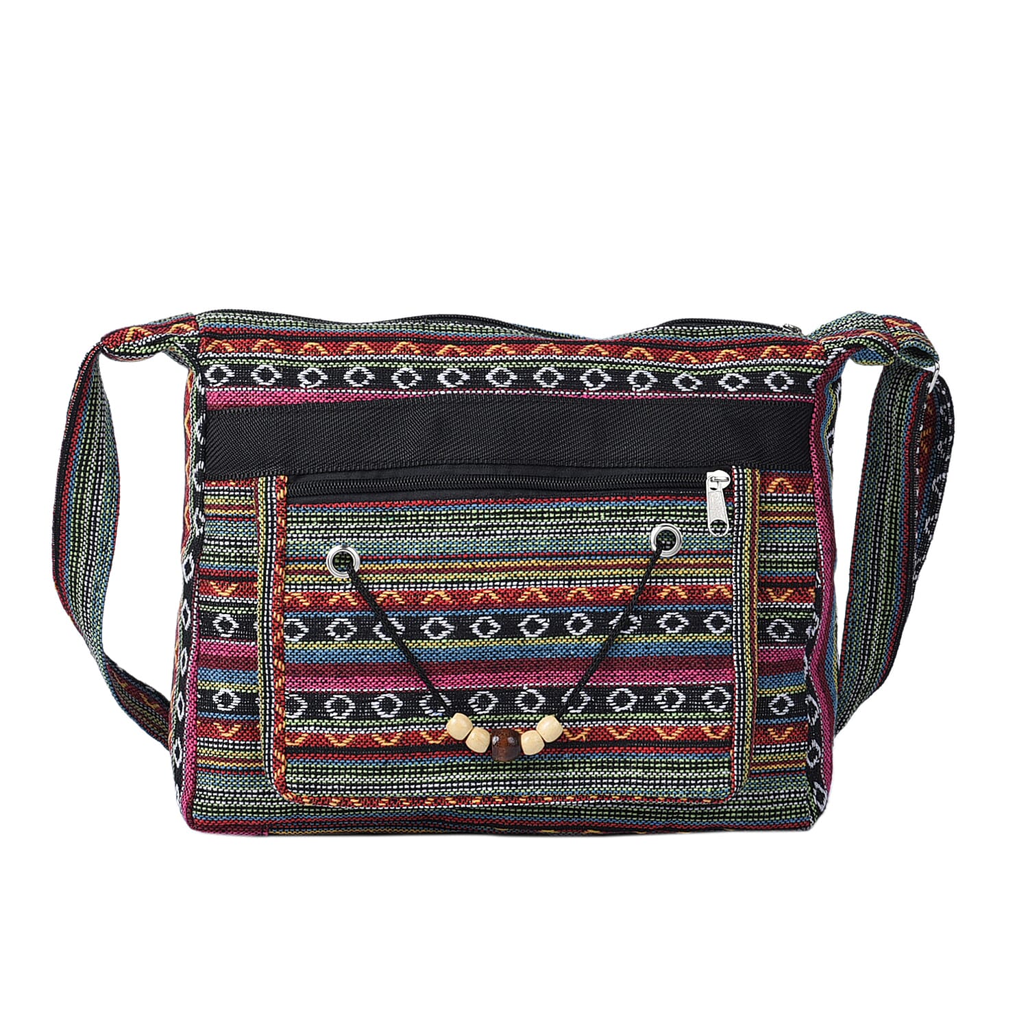 Tribal Pattern Crossbody Bag with Shoulder Strap (Size 31x26x9Cm) - Green & Multi