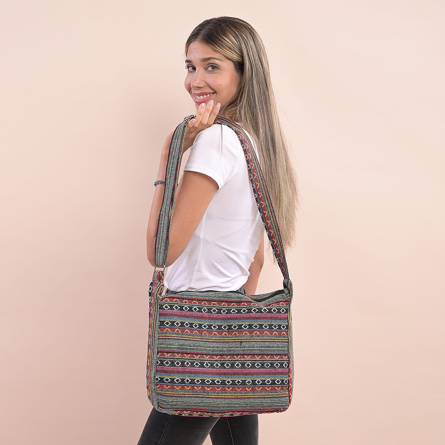 Tribal Pattern Crossbody Bag with Shoulder Strap (Size 31x26x9Cm) - Green & Multi