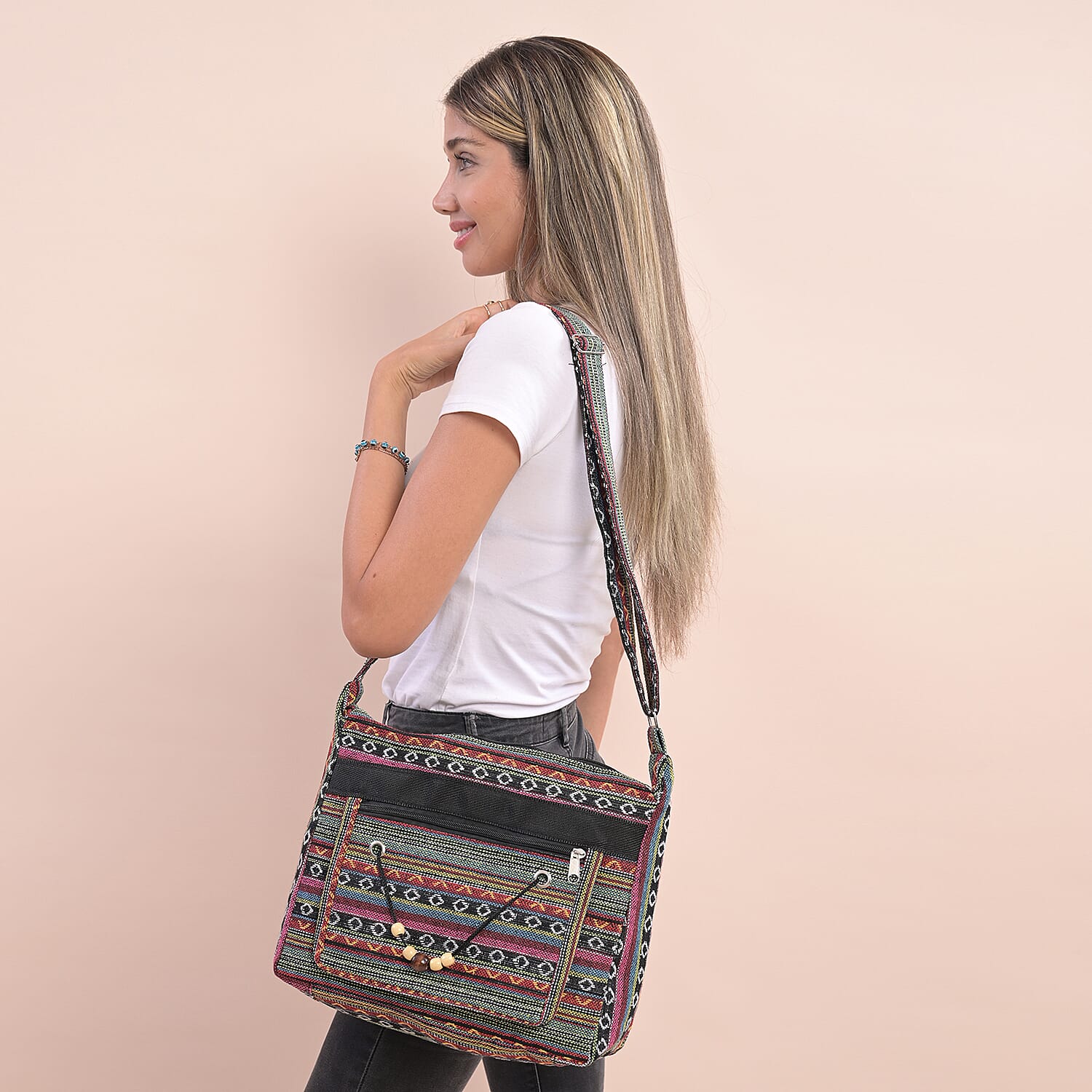 Tribal Pattern Crossbody Bag with Shoulder Strap (Size 31x26x9Cm) - Green & Multi
