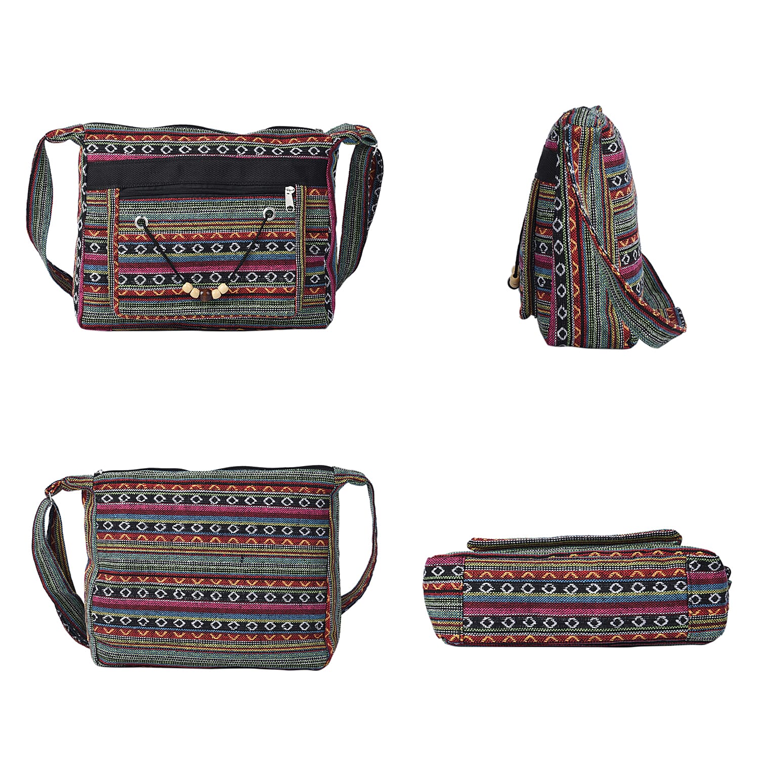 Tribal Pattern Crossbody Bag with Shoulder Strap (Size 31x26x9Cm) - Green & Multi