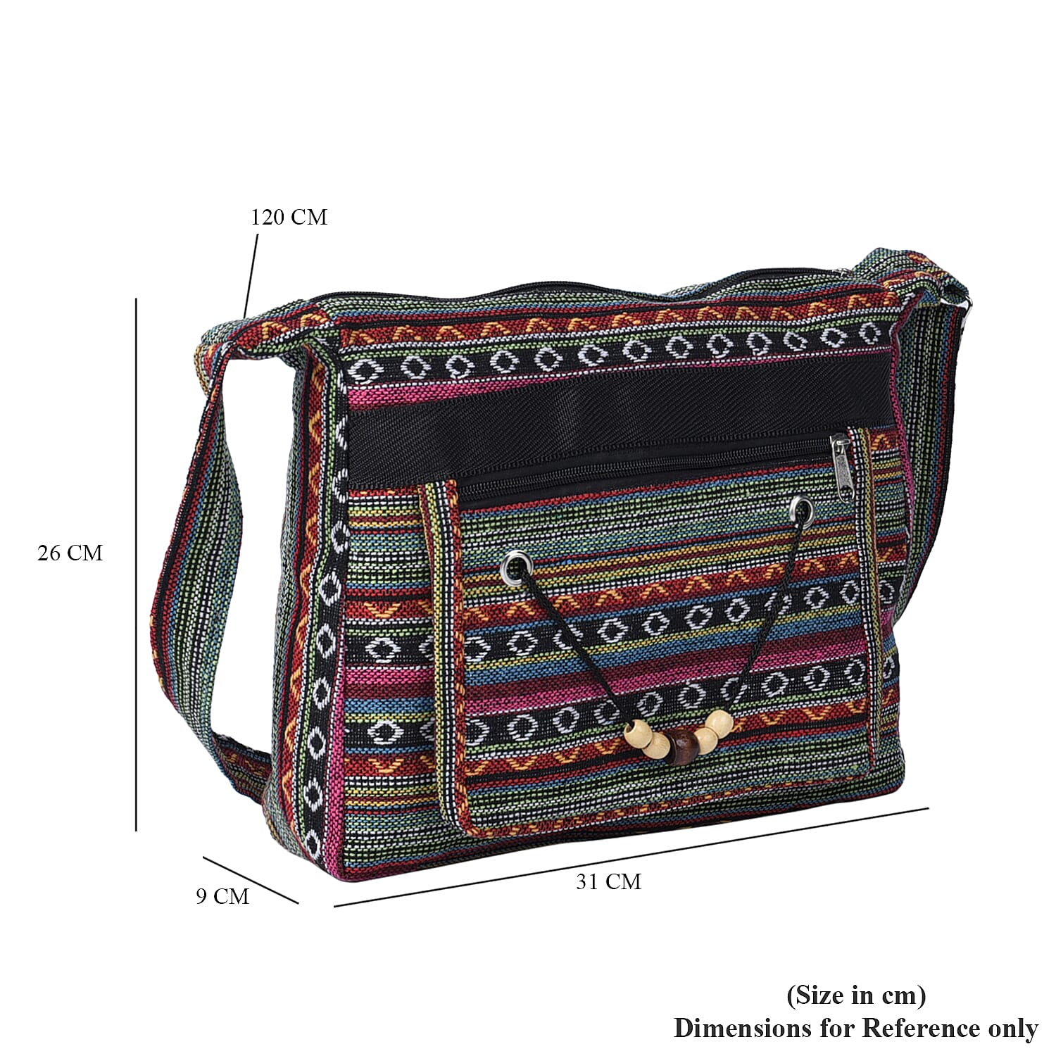 Tribal Pattern Crossbody Bag with Shoulder Strap (Size 31x26x9Cm) - Green & Multi