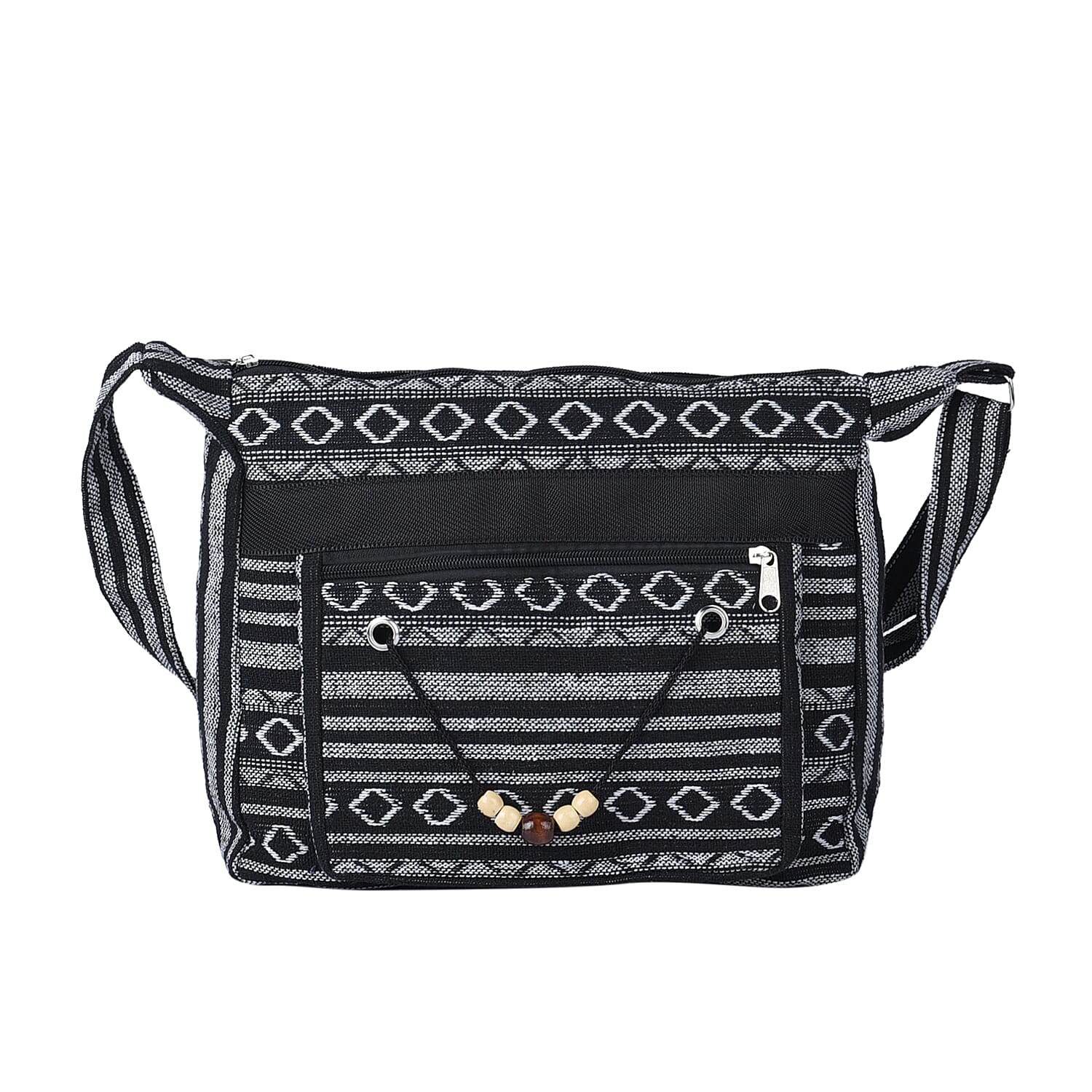Tribal Pattern Crossbody Bag with Shoulder Strap (Size 31x26x9Cm) - Black & White