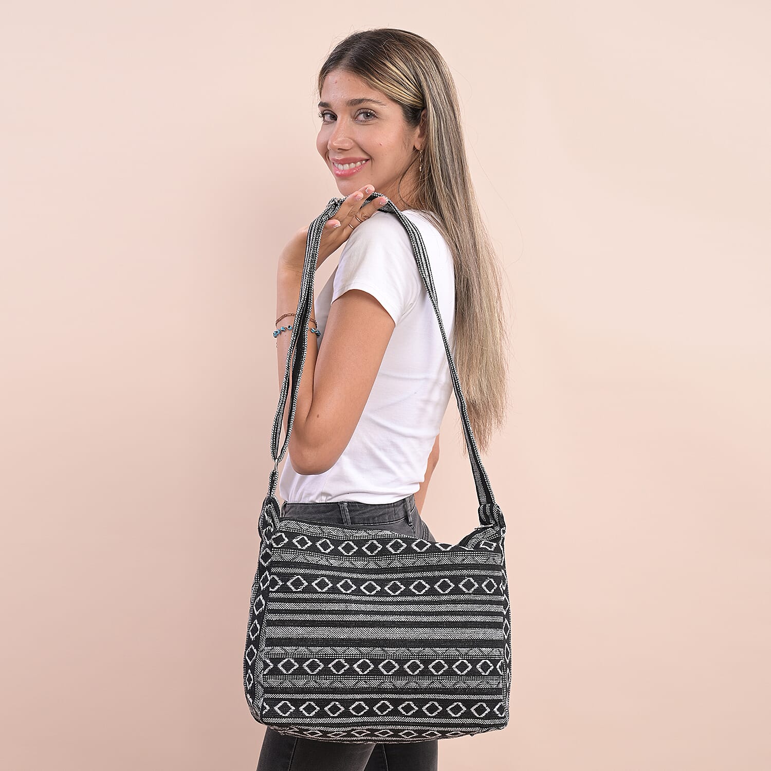 Tribal Pattern Crossbody Bag with Shoulder Strap (Size 31x26x9Cm) - Black & White