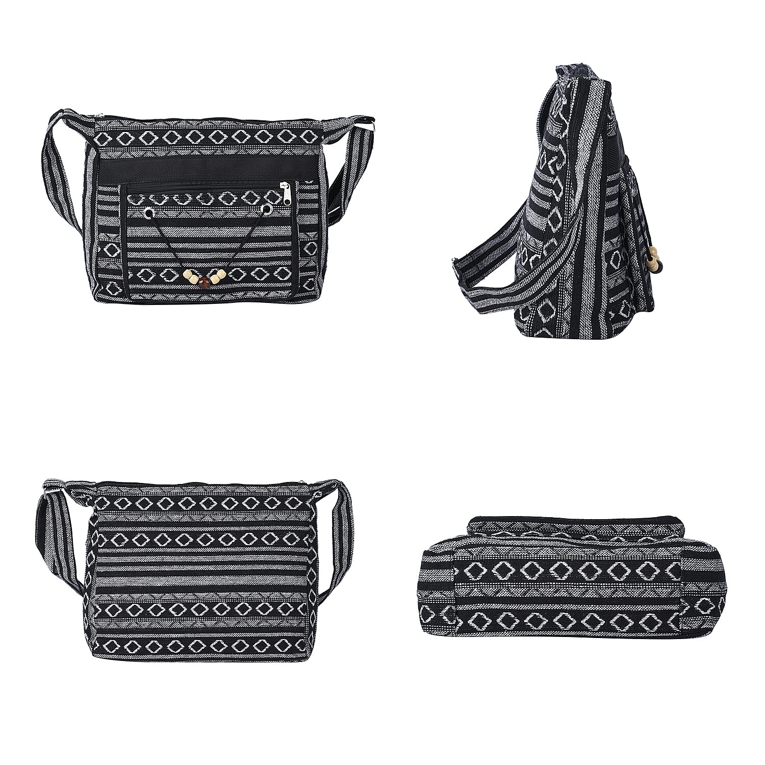 Tribal Pattern Crossbody Bag with Shoulder Strap (Size 31x26x9Cm) - Black & White