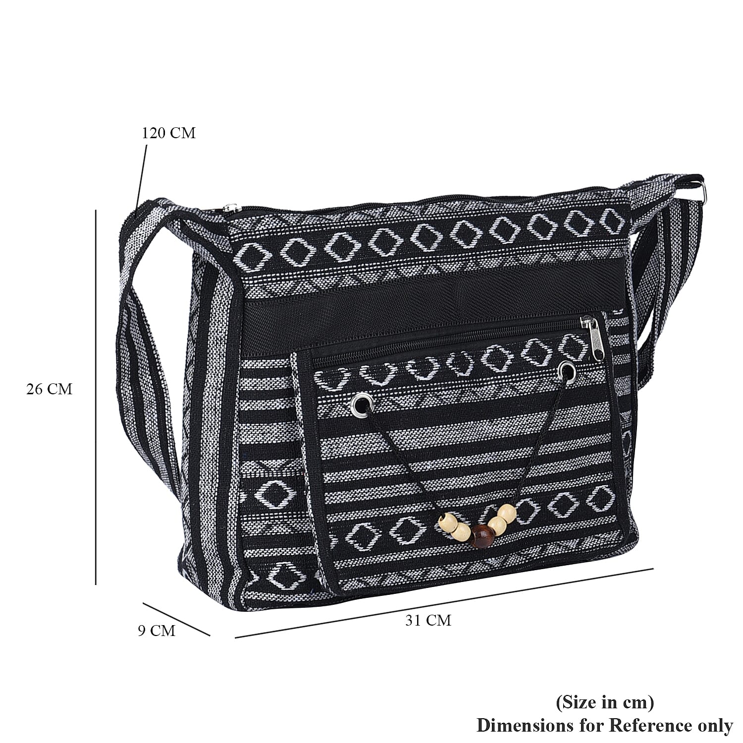 Tribal Pattern Crossbody Bag with Shoulder Strap (Size 31x26x9Cm) - Black & White