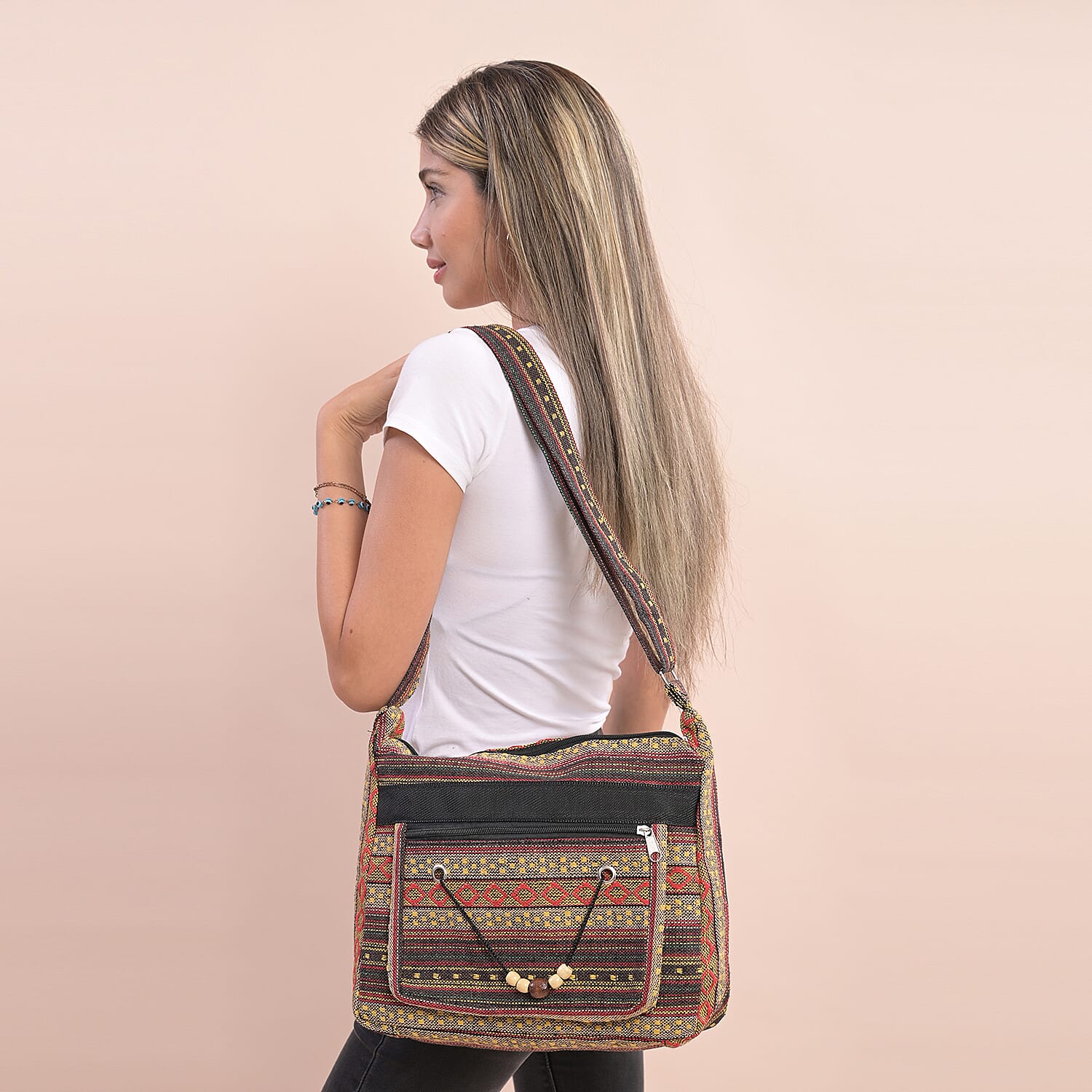Tribal Pattern Crossbody Bag with Shoulder Strap (Size 31x26x9Cm) - Brown & Multi