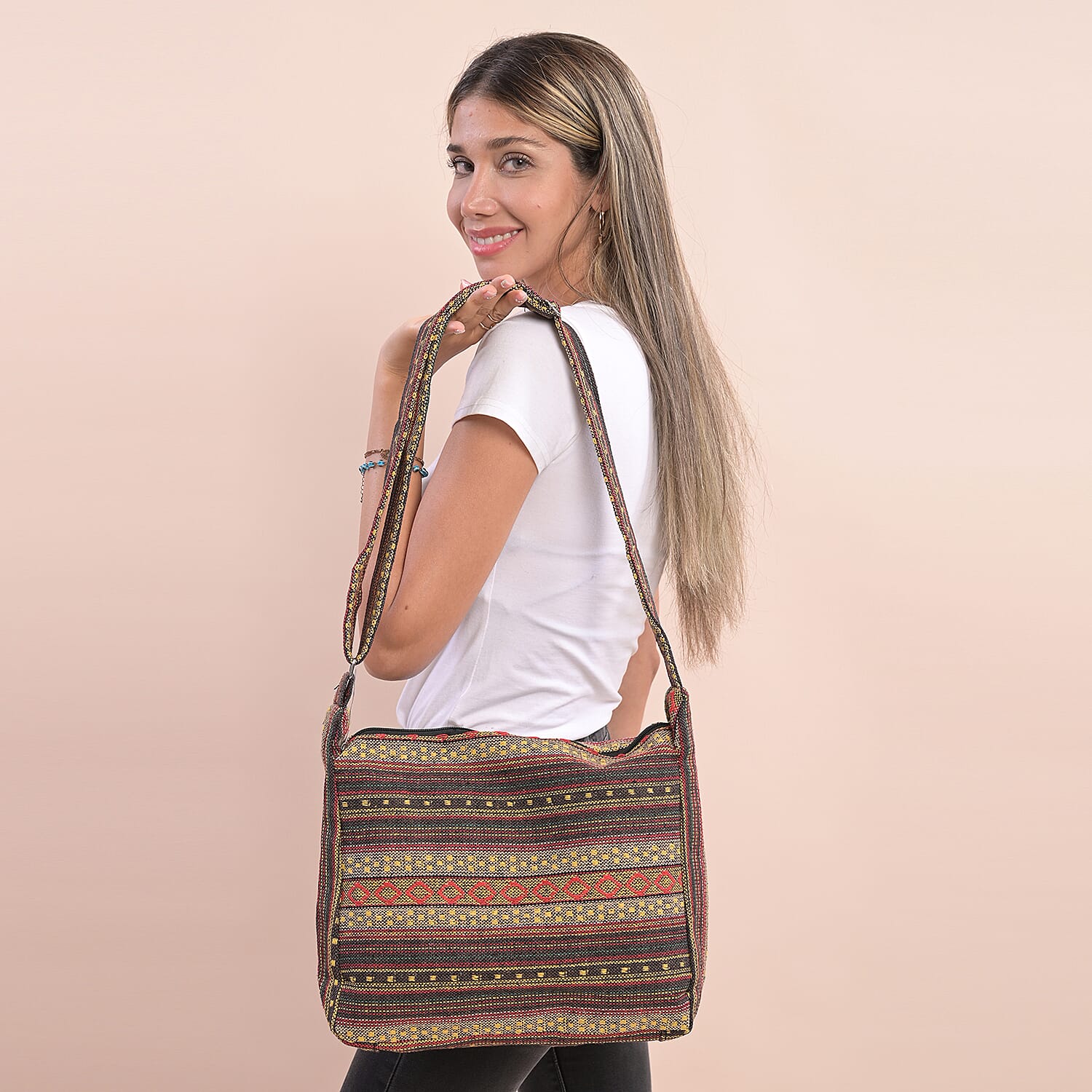 Tribal Pattern Crossbody Bag with Shoulder Strap (Size 31x26x9Cm) - Brown & Multi