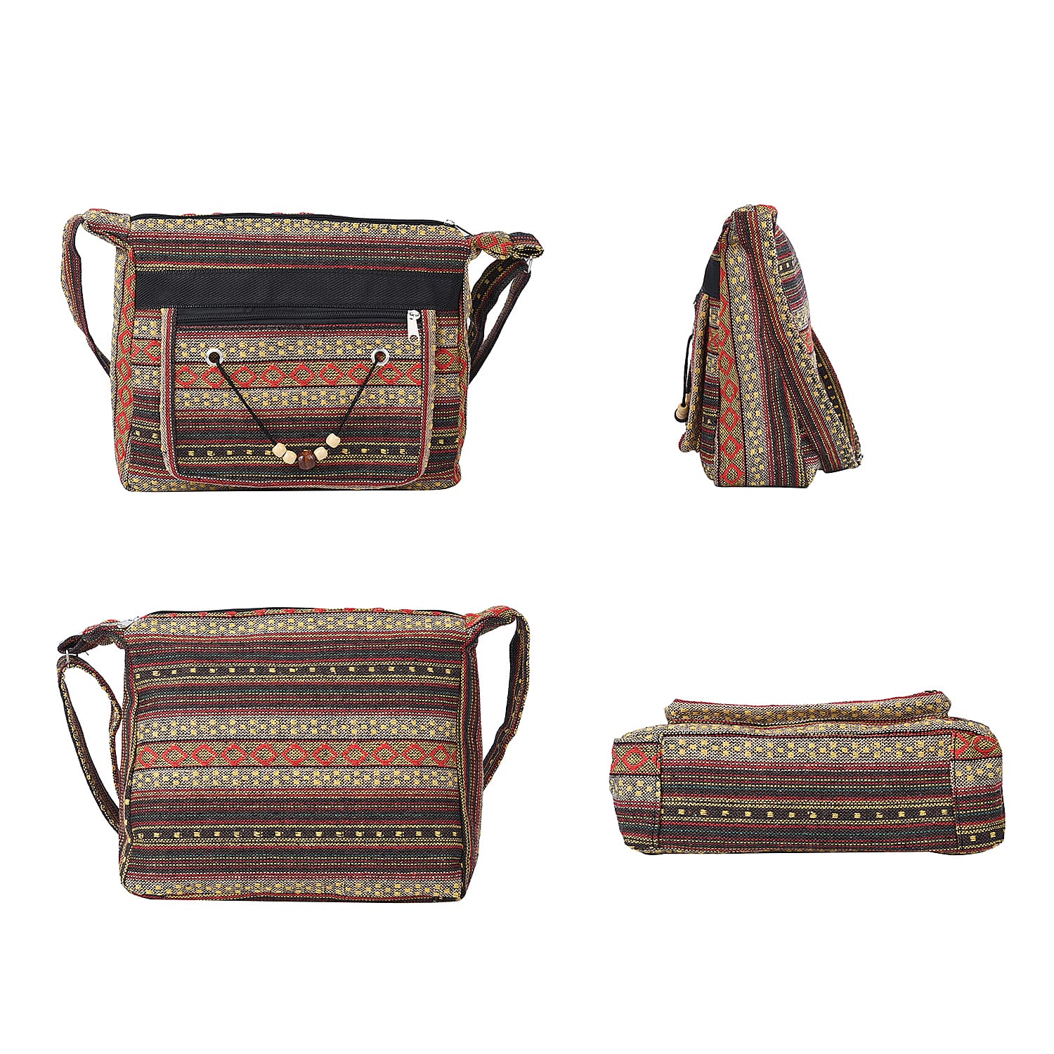 Tribal Pattern Crossbody Bag with Shoulder Strap (Size 31x26x9Cm) - Brown & Multi