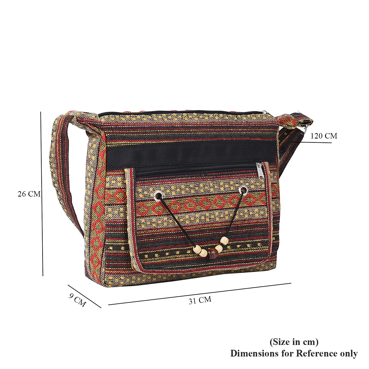 Tribal Pattern Crossbody Bag with Shoulder Strap (Size 31x26x9Cm) - Brown & Multi