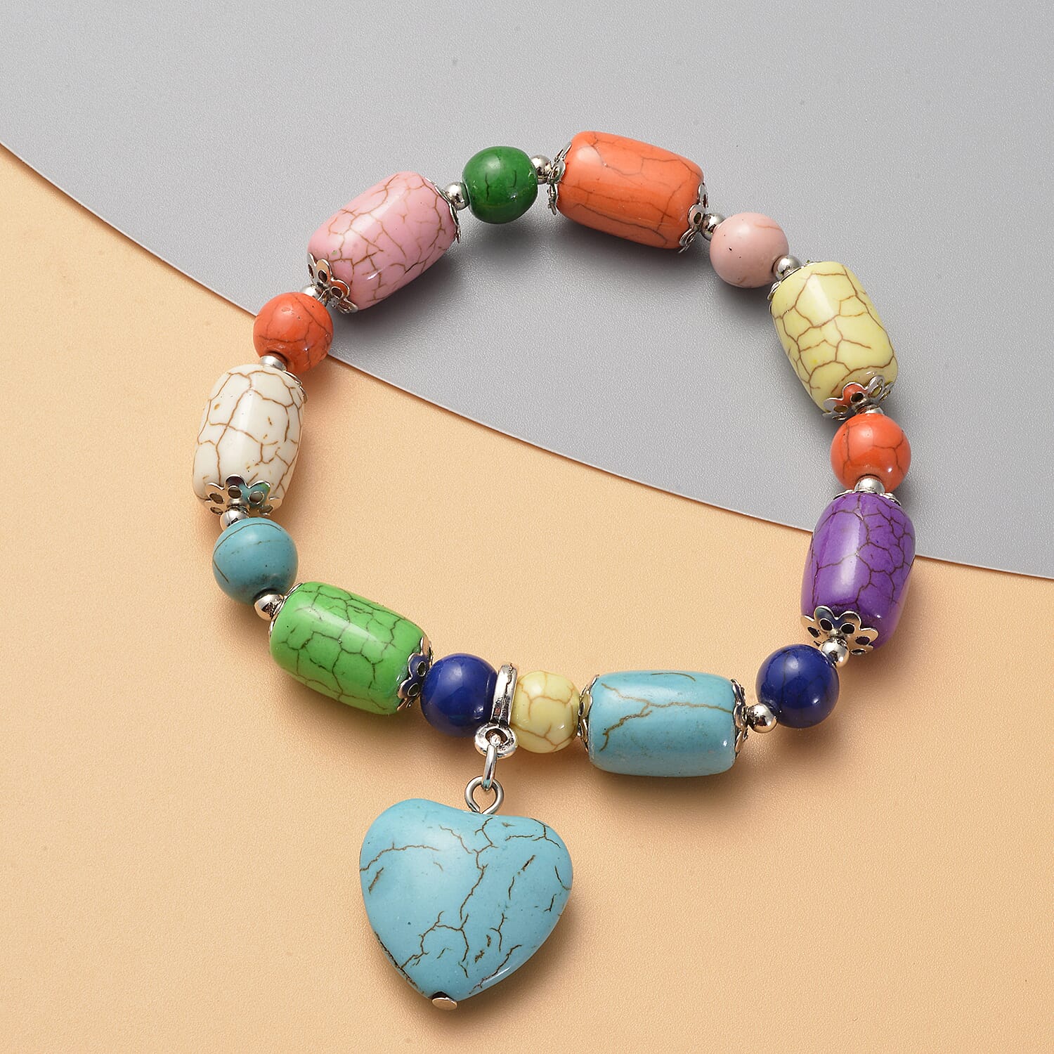 Multi Colour Howlite Heart Charm Beads Bracelet (Size - 7 Stretchable) 119.00 Ct.