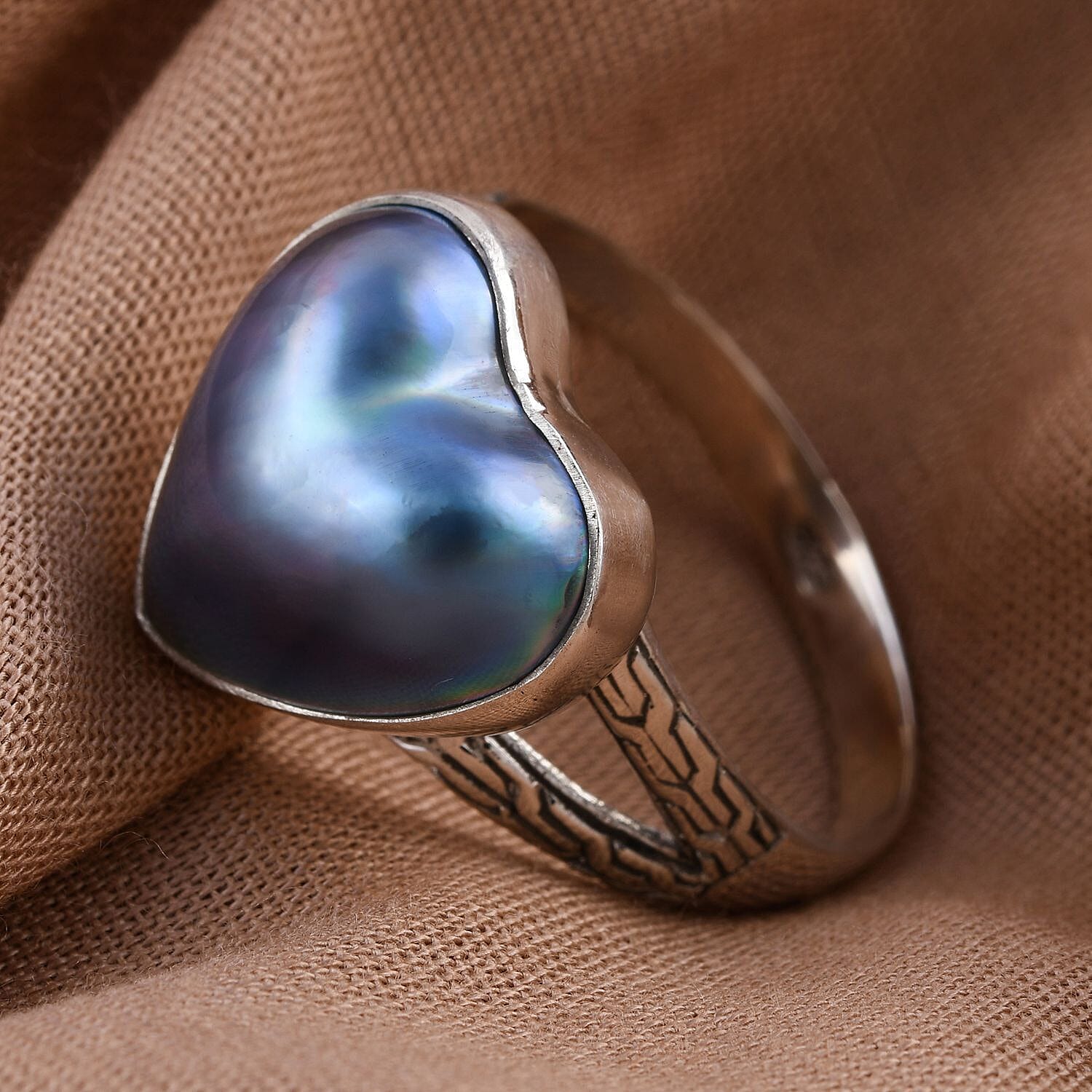 Blue Mabe Pearl Heart Ring in Sterling Silver 2.00 Ct.