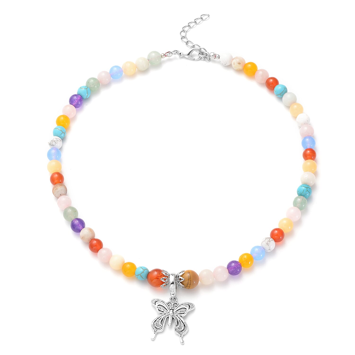 Multi Gemstones Beads Necklace (Size - 18 with 2 inch Extender) with Lobster Clasp in Silver Tone 195.00 Ct.