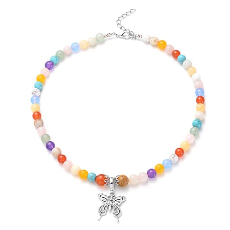 Multi Gemstones Beads Necklace (Size - 18 with 2 inch Extender) with Lobster Clasp in Silver Tone 195.00 Ct.
