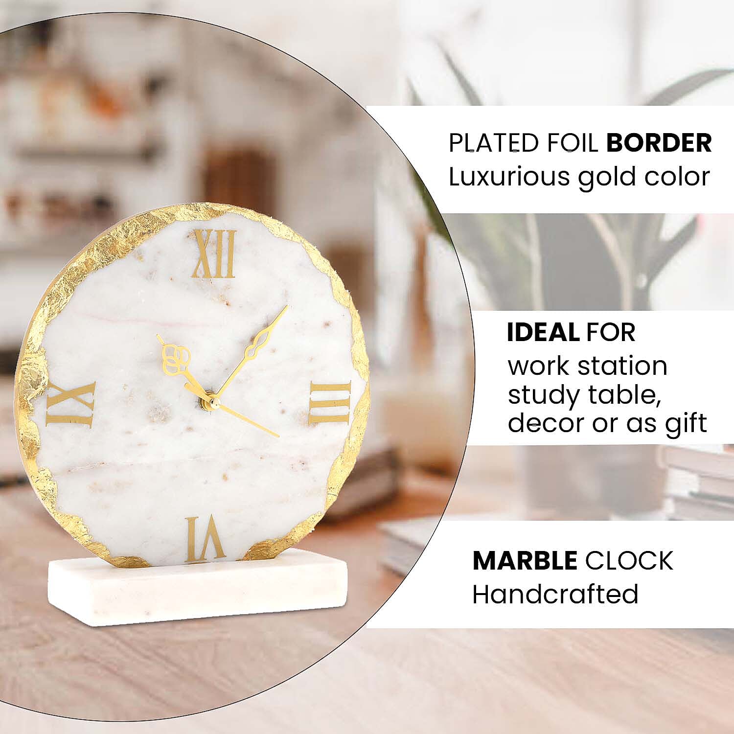 Marble Table Clock with Stand - White