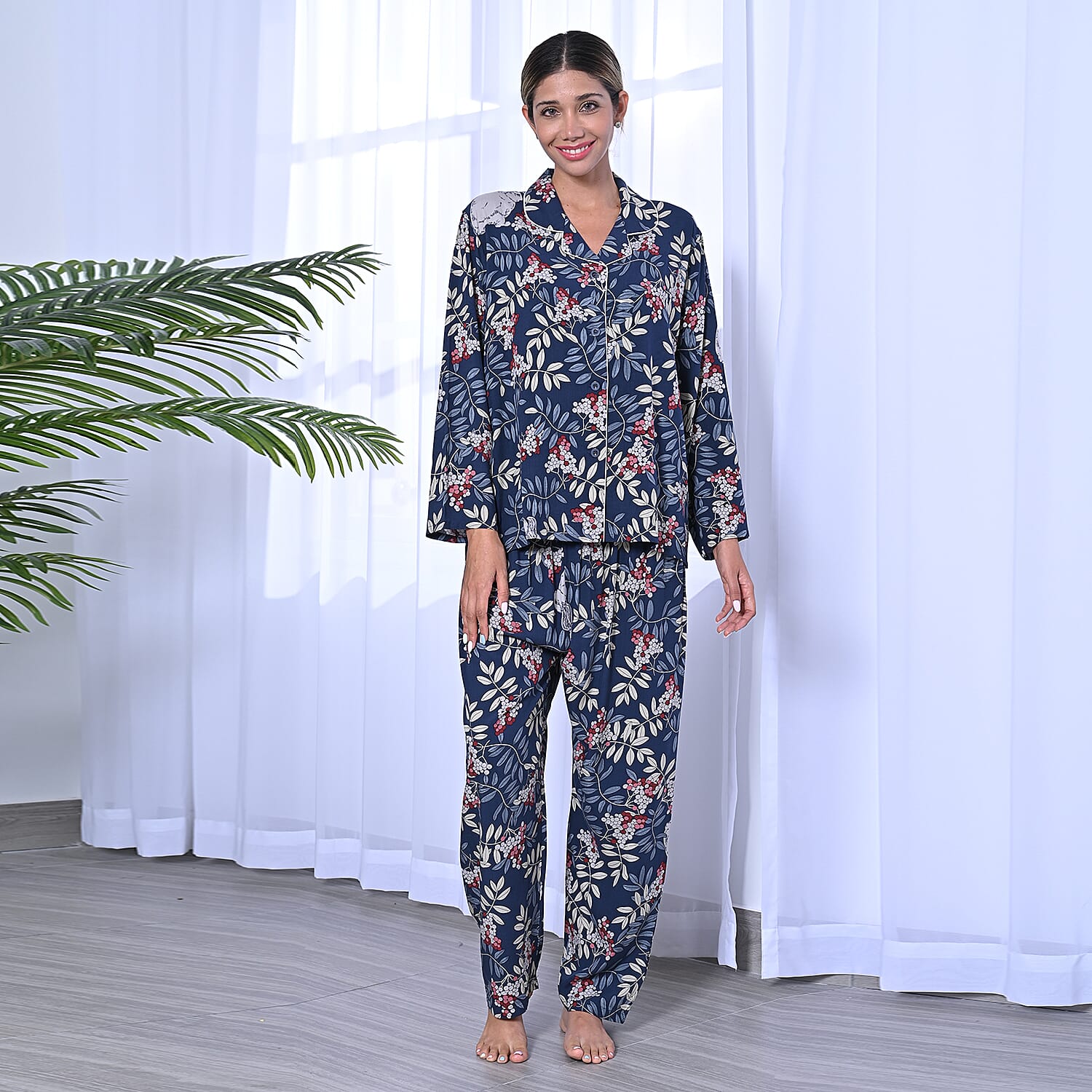 LA MAREY 2 Piece Set Floral Pattern Sleepwear Includes Long Top and Pants Navy 6701264 TJC