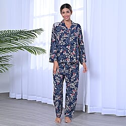 2 Piece Set - LA MAREY Viscose Floral Pattern Sleepwear Includes Long Top and Pants - Navy