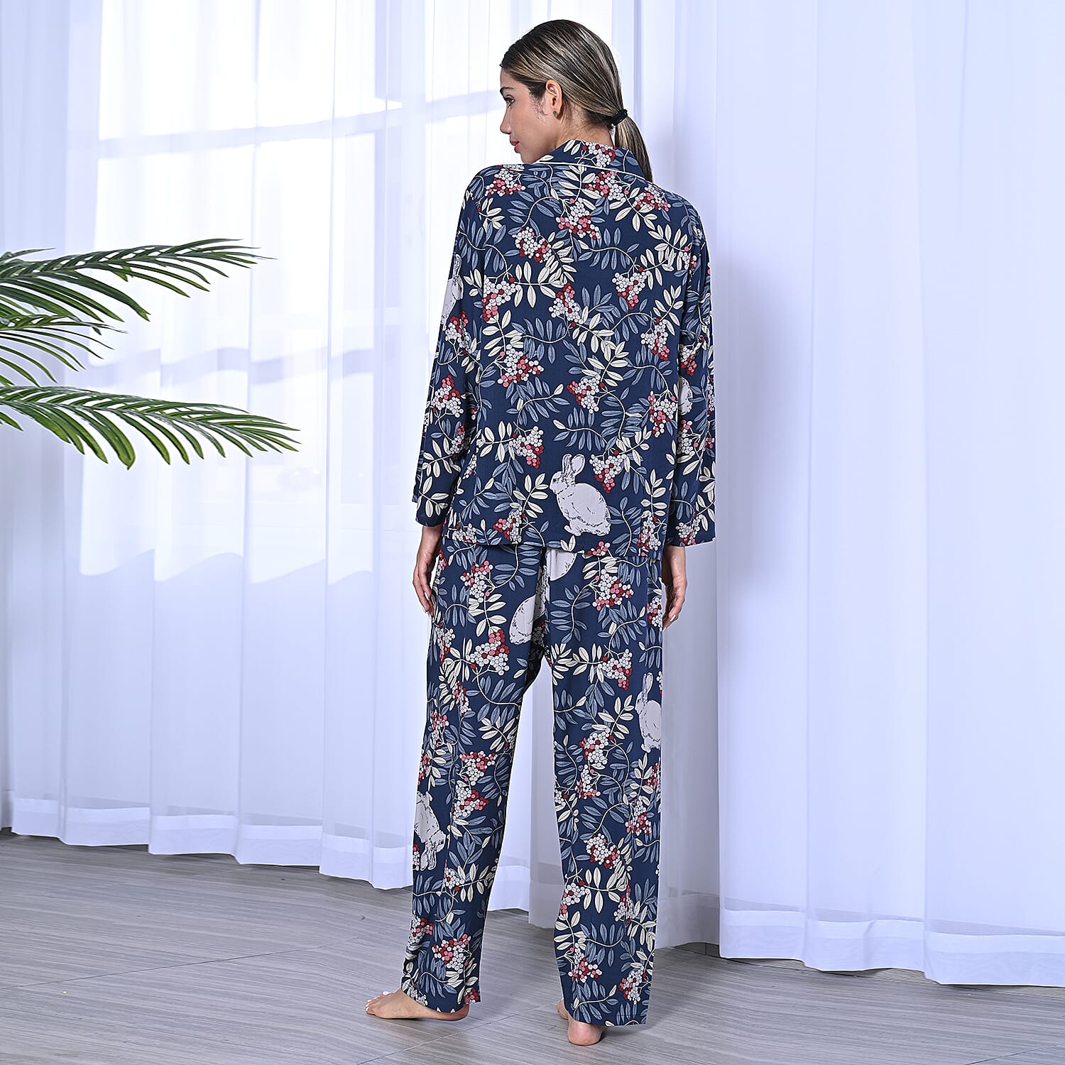 2 Piece Set - LA MAREY Viscose Floral Pattern Sleepwear Includes Long Top and Pants - Navy