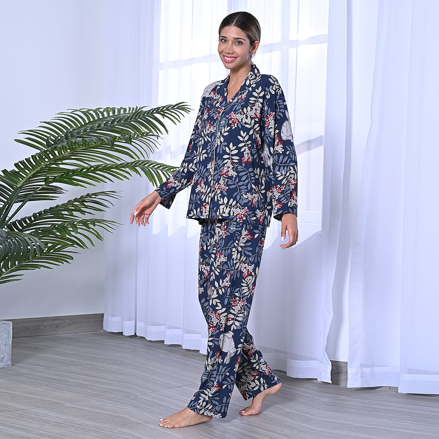 2 Piece Set - LA MAREY Viscose Floral Pattern Sleepwear Includes Long Top and Pants - Navy