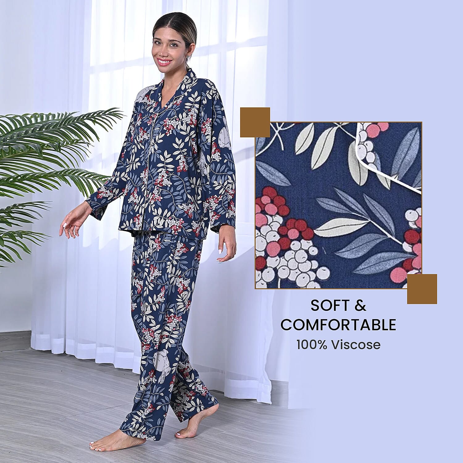 2 Piece Set - LA MAREY Viscose Floral Pattern Sleepwear Includes Long Top and Pants - Navy