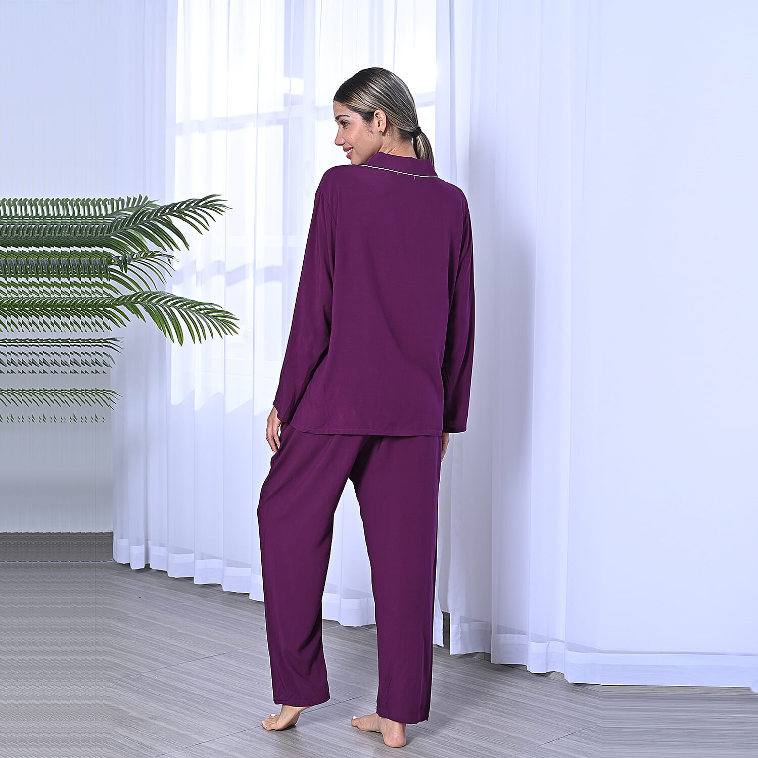 2 Piece Set - LA MAREY Viscose Floral Pattern Sleepwear Includes Long Top and Pants - Navy