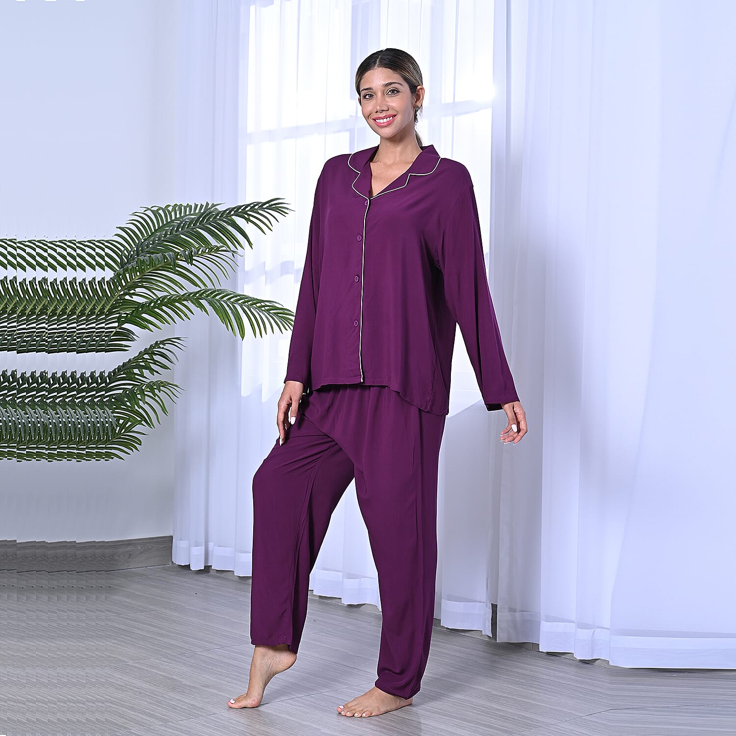 2 Piece Set - LA MAREY Viscose Floral Pattern Sleepwear Includes Long Top and Pants - Navy