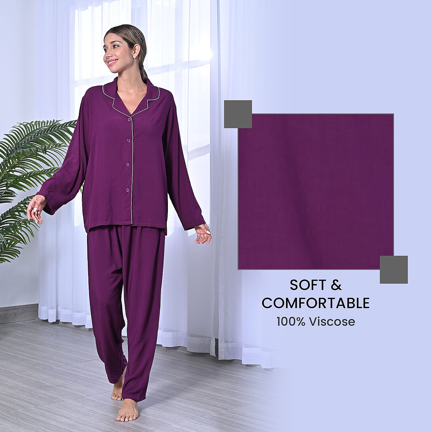 2 Piece Set - LA MAREY Viscose Floral Pattern Sleepwear Includes Long Top and Pants - Navy