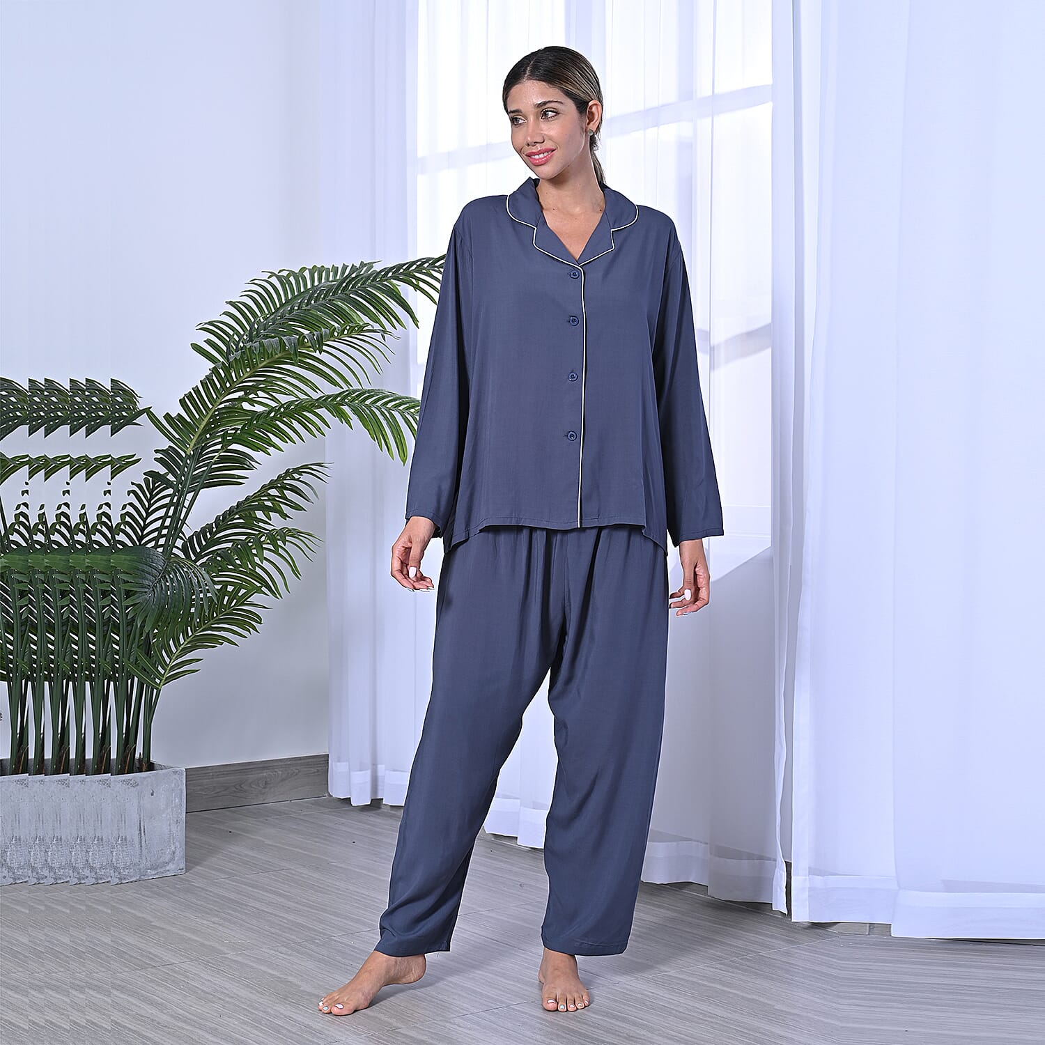2 Piece Set - LA MAREY Viscose Floral Pattern Sleepwear Includes Long Top and Pants - Navy