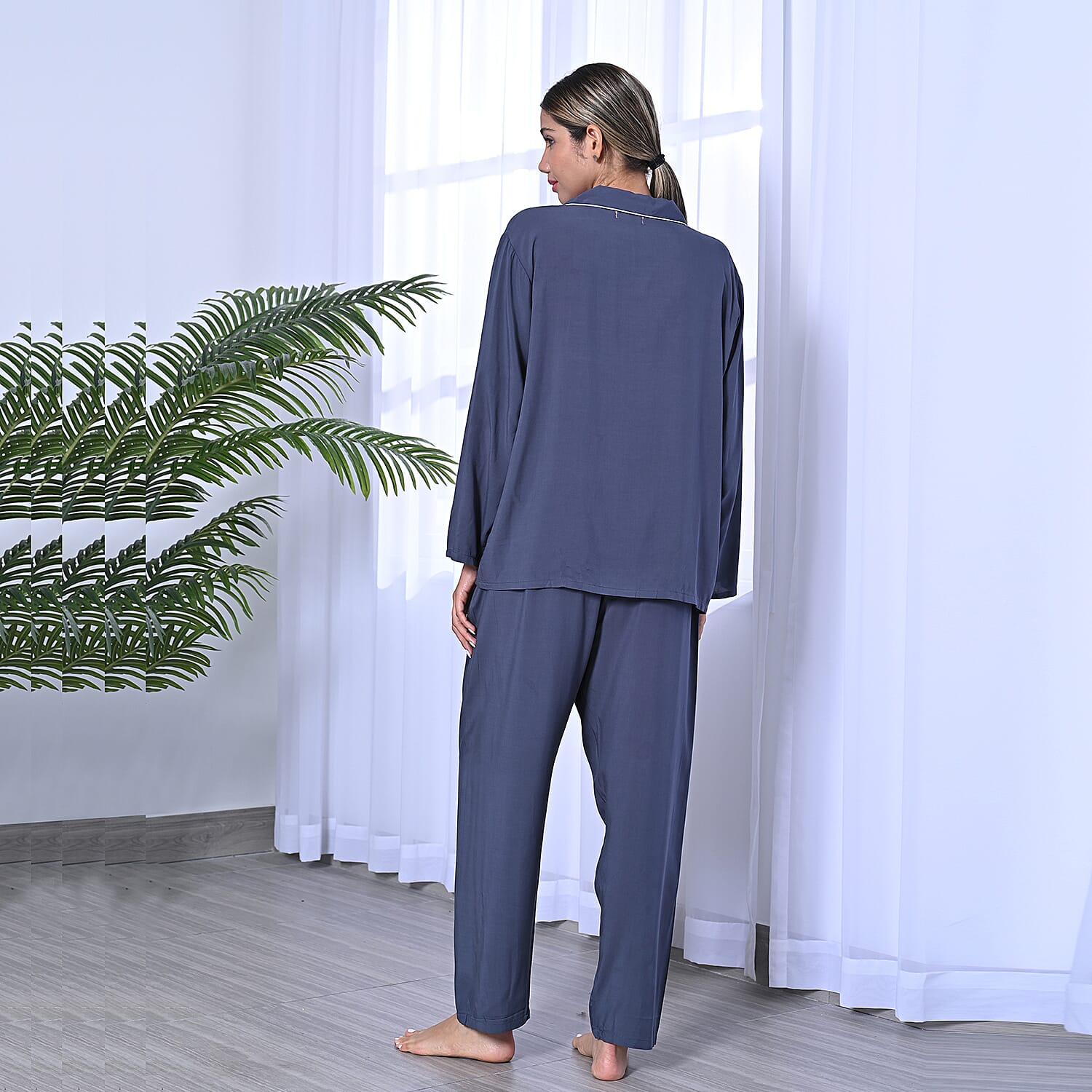 2 Piece Set - LA MAREY Viscose Floral Pattern Sleepwear Includes Long Top and Pants - Navy