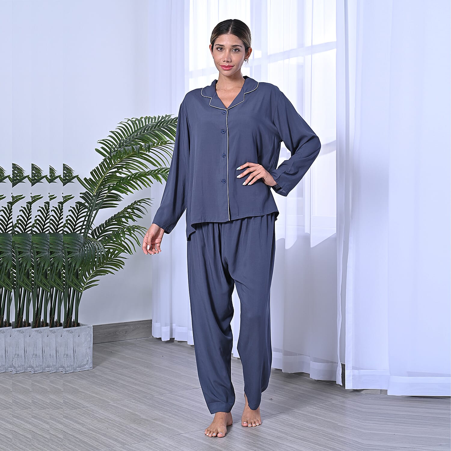2 Piece Set - LA MAREY Viscose Floral Pattern Sleepwear Includes Long Top and Pants - Navy
