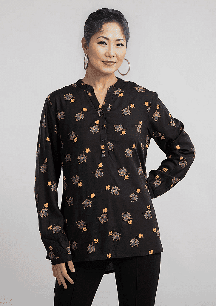 Tamsy Maple Leaf Pattern Long Sleeve Blouse - Black