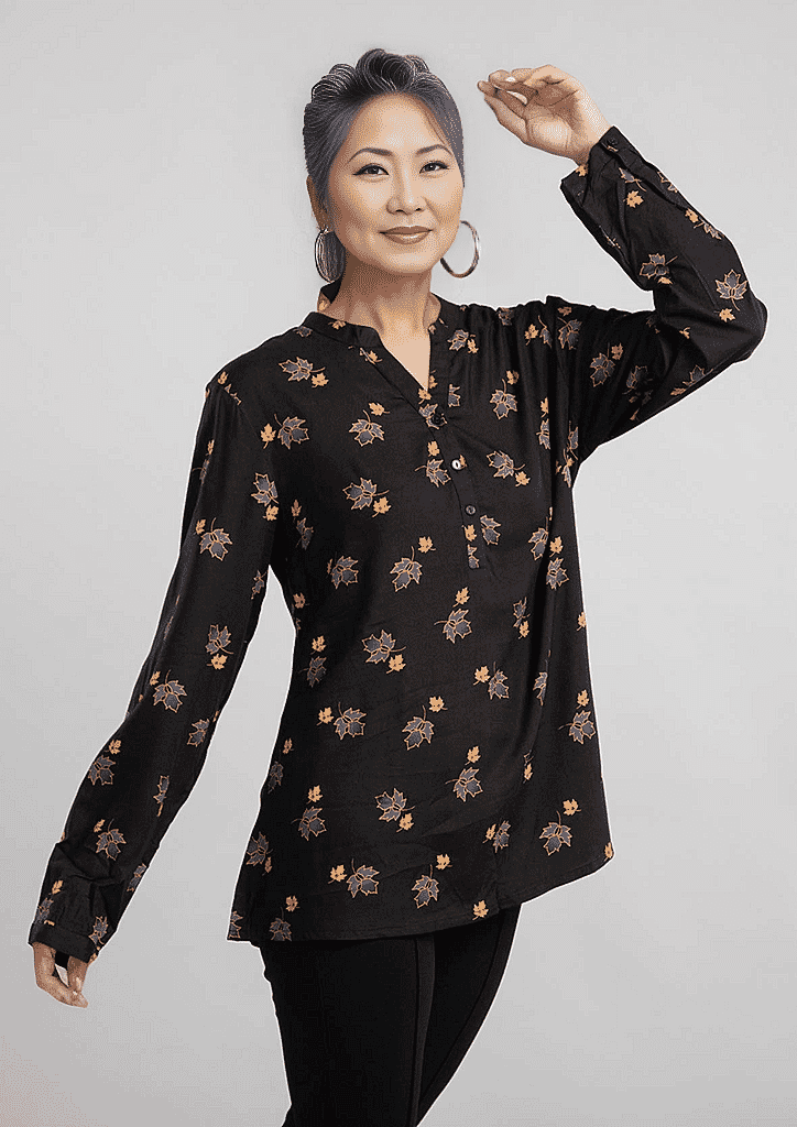 Tamsy Maple Leaf Pattern Long Sleeve Blouse - Black